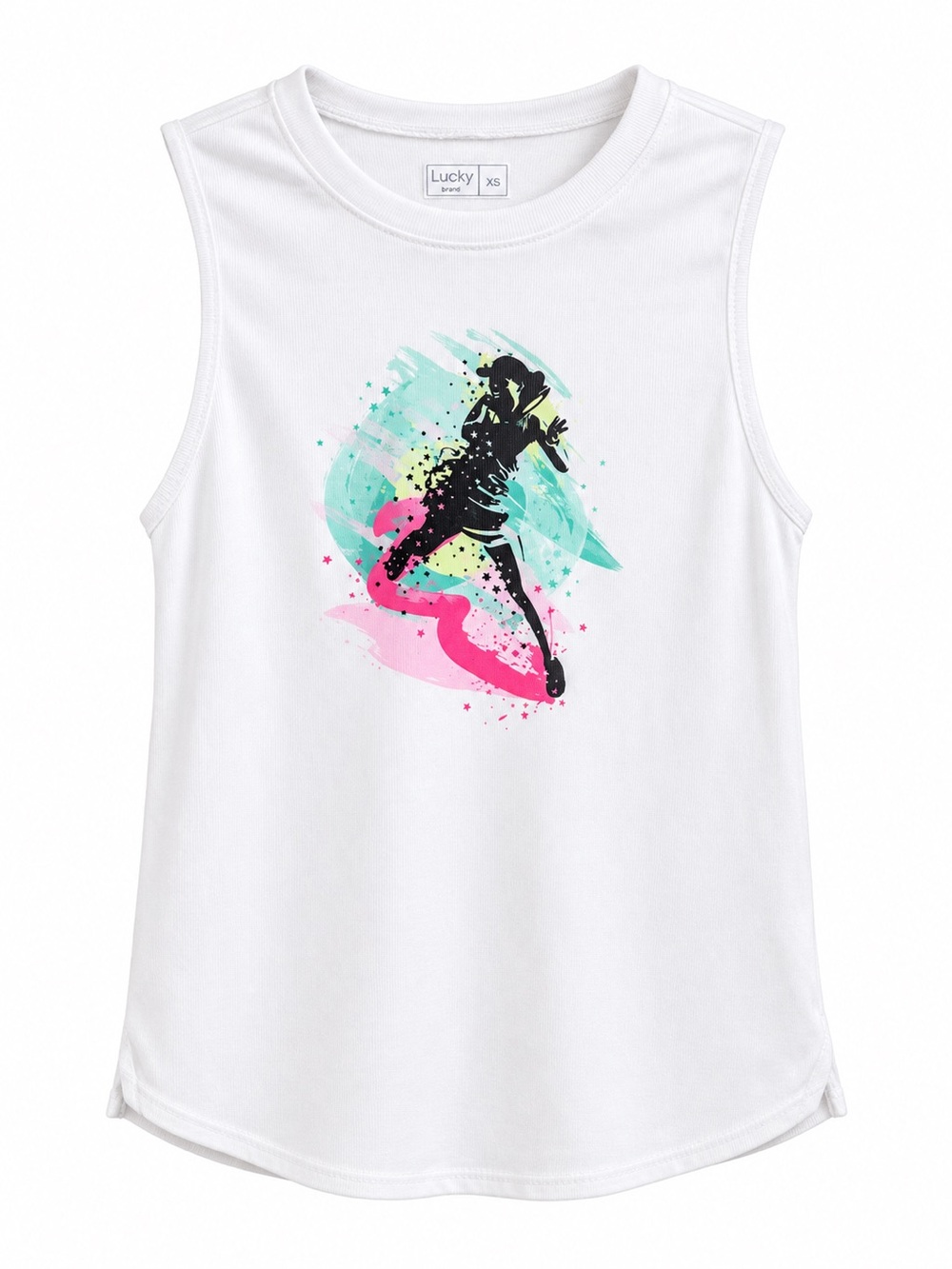 Lucky in Love Brand White Tank Top with Pink & Teal Surf Graphic